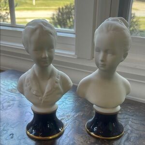 Limoges French Pair of White Bisque Porcelain Busts on Blueb& Gold Bases